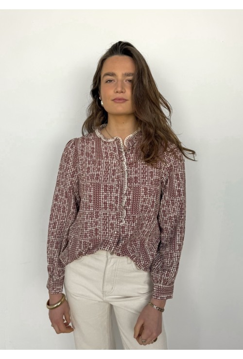 Chemisier ANNICK écru à fleurs bordeaux