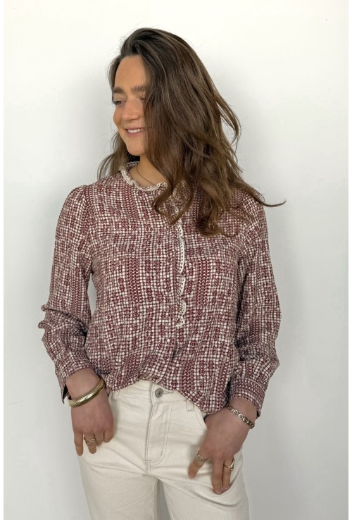 Chemisier ANNICK écru à fleurs bordeaux