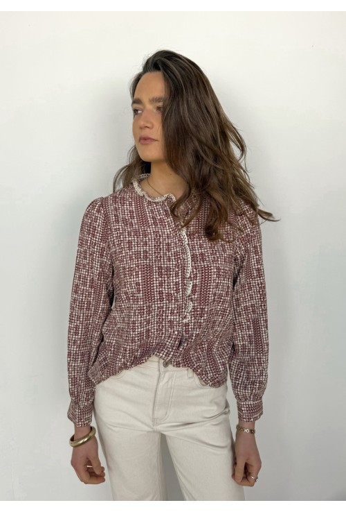 Chemisier ANNICK écru à fleurs bordeaux
