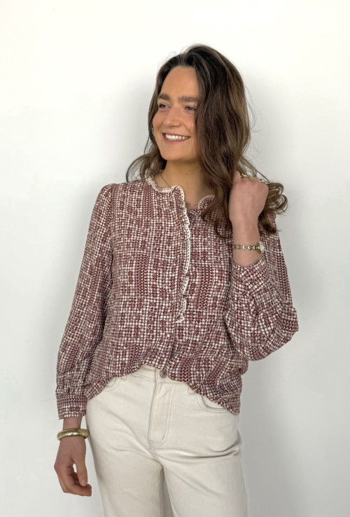 Chemisier ANNICK écru à fleurs bordeaux