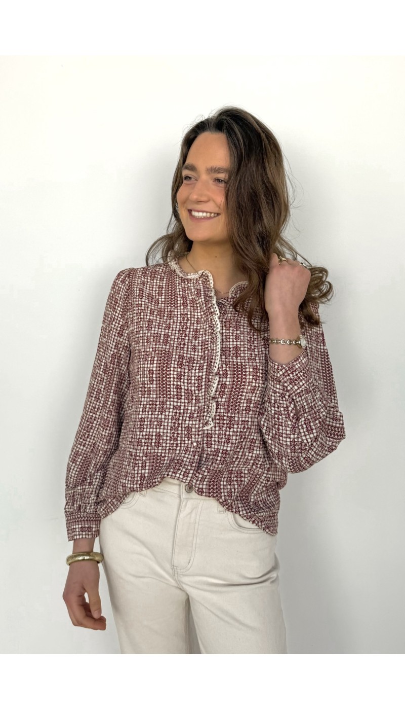 Chemisier ANNICK écru à fleurs bordeaux