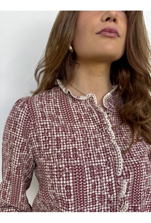 Chemisier ANNICK écru à fleurs bordeaux