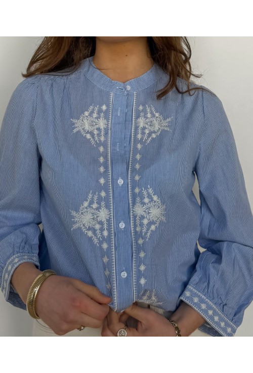 Chemisier ANNA BLEU CIEL  brodé de fleurs blanches