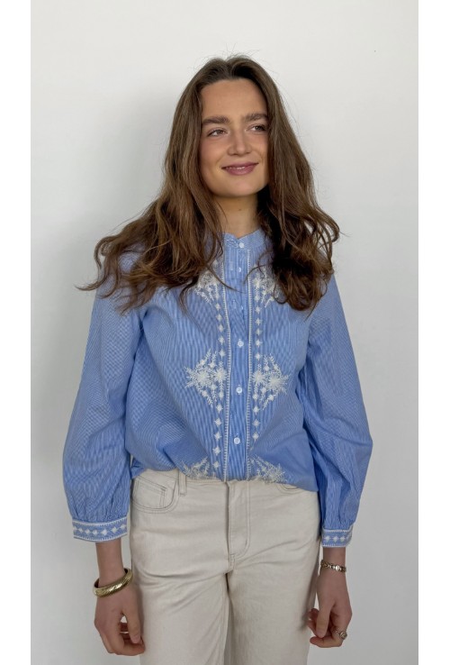 Chemisier ANNA BLEU CIEL  brodé de fleurs blanches