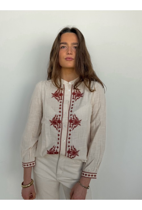 Chemisier ANNA ECRU  brodé de fleurs bordeaux