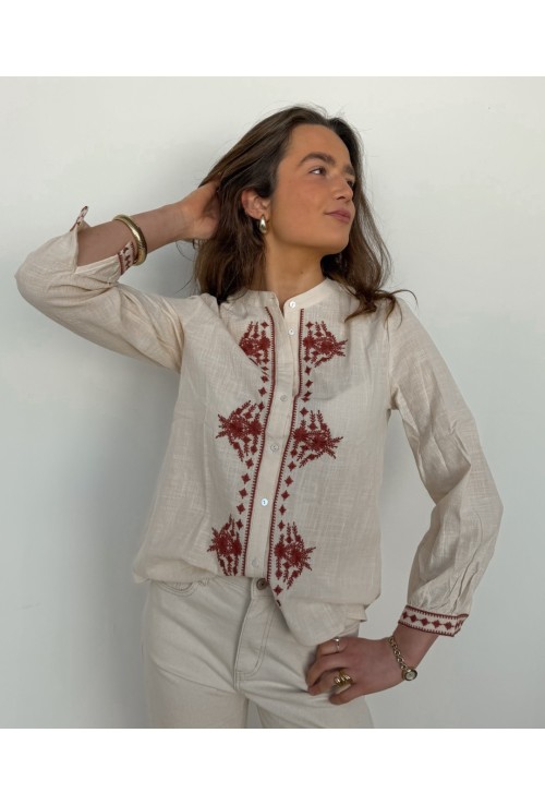 Chemisier ANNA ECRU  brodé de fleurs bordeaux