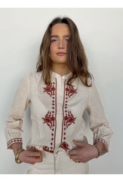 Chemisier ANNA ECRU  brodé de fleurs bordeaux