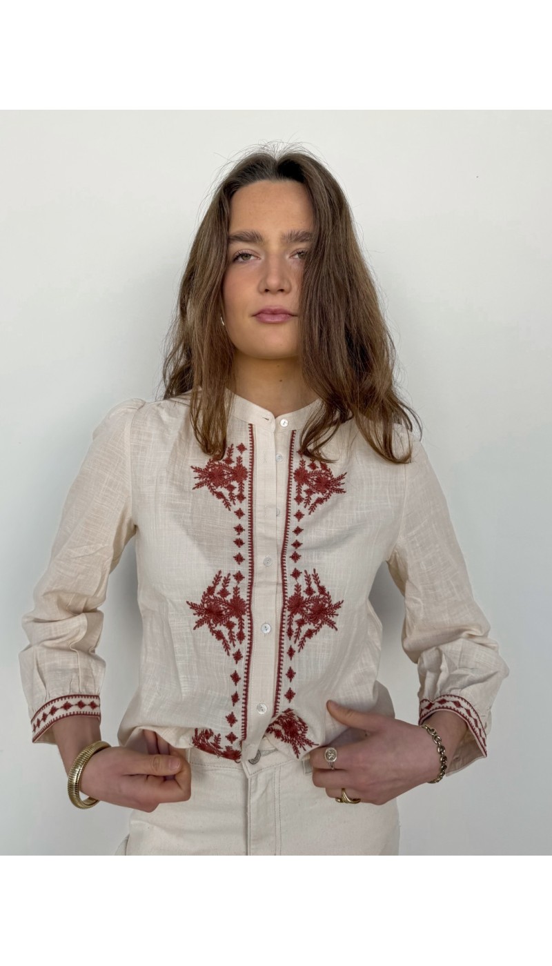 Chemisier ANNA ECRU  brodé de fleurs bordeaux
