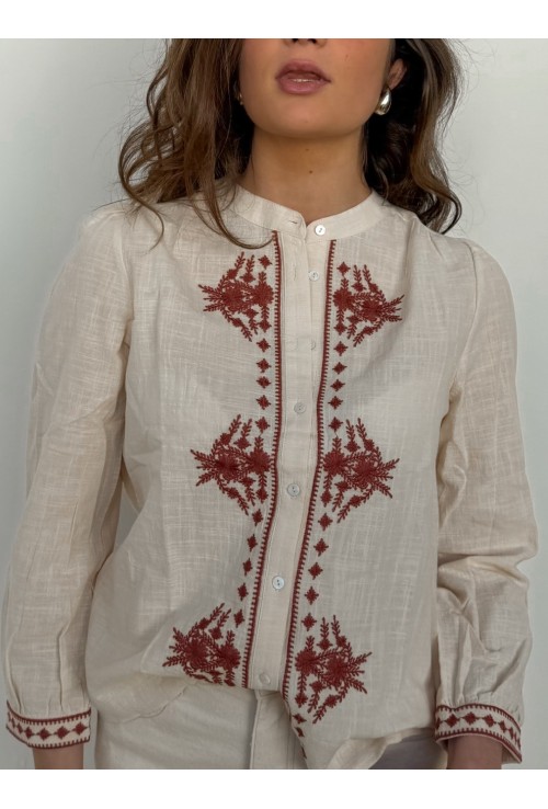 Chemisier ANNA ECRU  brodé de fleurs bordeaux