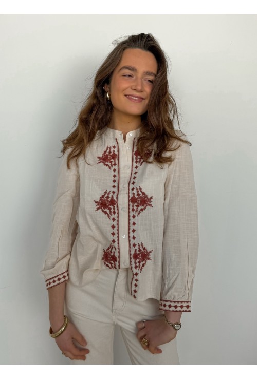 Chemisier ANNA ECRU  brodé de fleurs bordeaux
