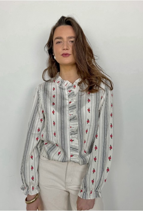 Chemisier AVA brodé de fleurs rouges