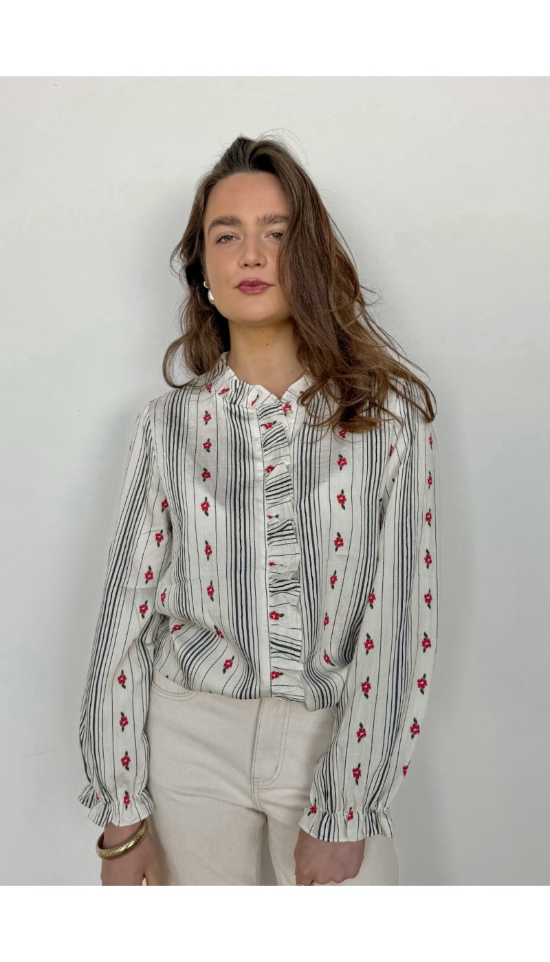 Chemisier AVA brodé de fleurs rouges