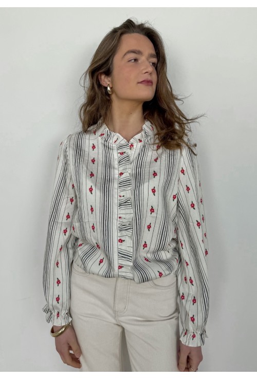 Chemisier AVA brodé de fleurs rouges