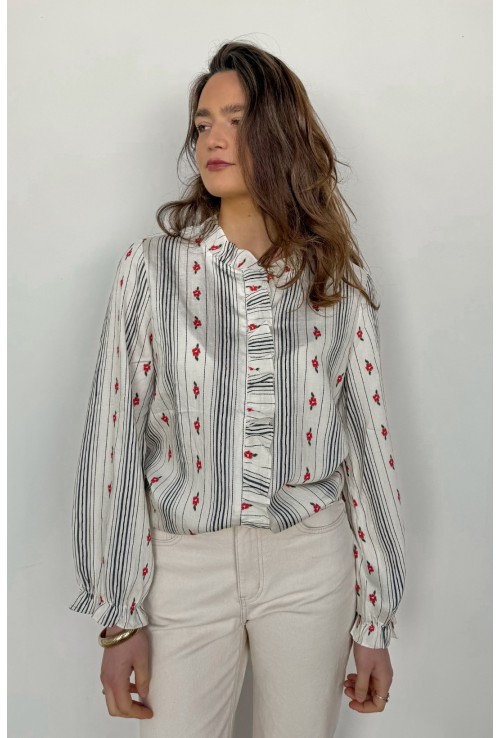 Chemisier AVA brodé de fleurs rouges