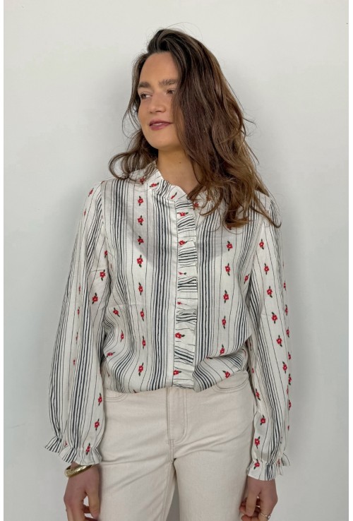 Chemisier AVA brodé de fleurs rouges